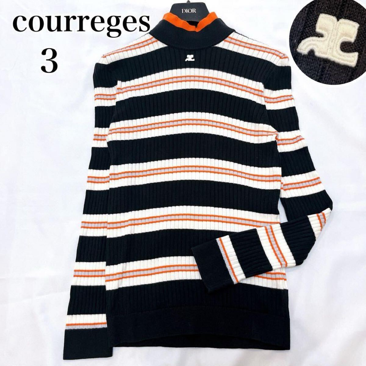 Y2K◆courreges クレージュ ボーダー リブニット タートルネック セーター Striped Rib-Knit Sweater レイヤード カシミヤ◇マルチカラー 3拍卖