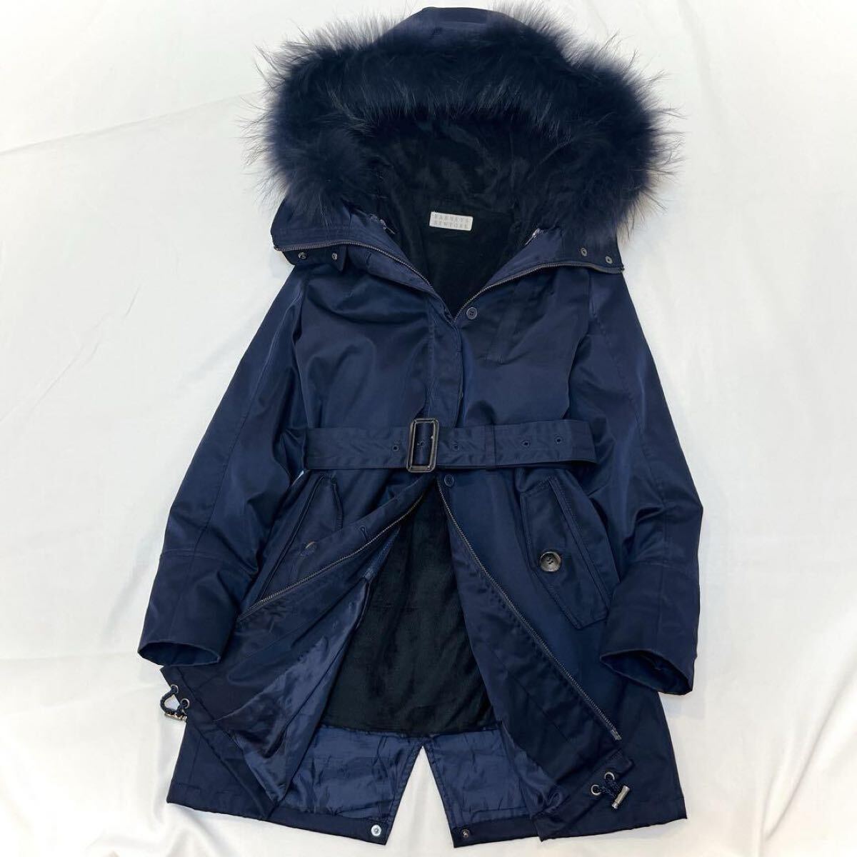 4WAY◆バーニーズニューヨーク ナイロンコート 撥水 ライナーラクーンファー フード ベルト ジャケット ロング 光沢 フリース◇ネイビー 38拍卖