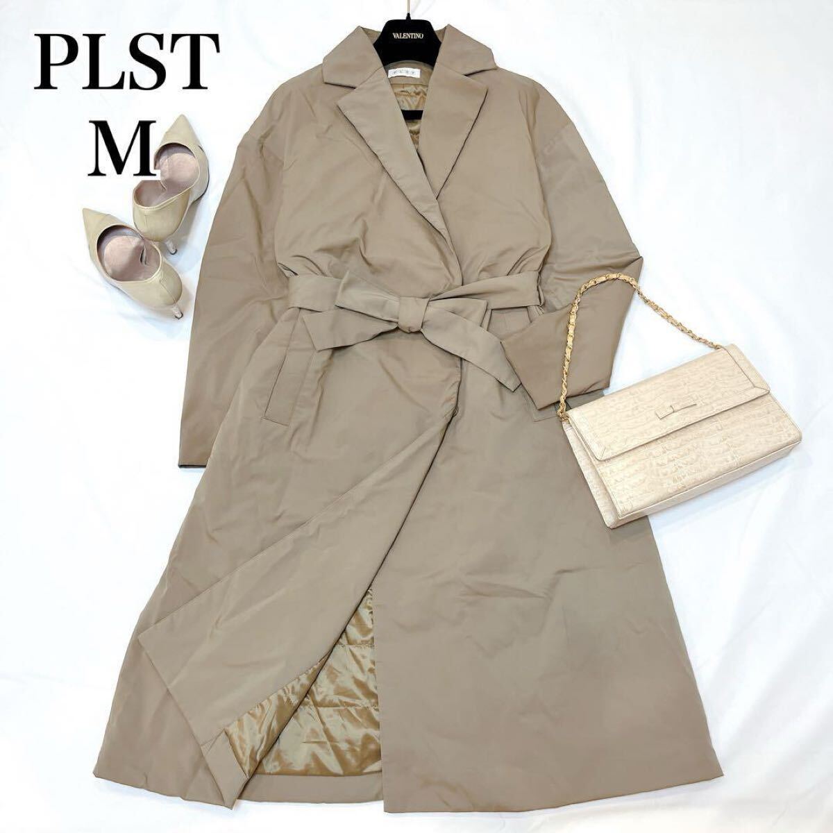 PLST シームレス 中綿 テーラード ロングコート ナイロン プラステ 洗濯機洗い可 マシンウォッシャブル 防寒 アウター◇Mサイズ ベージュ拍卖