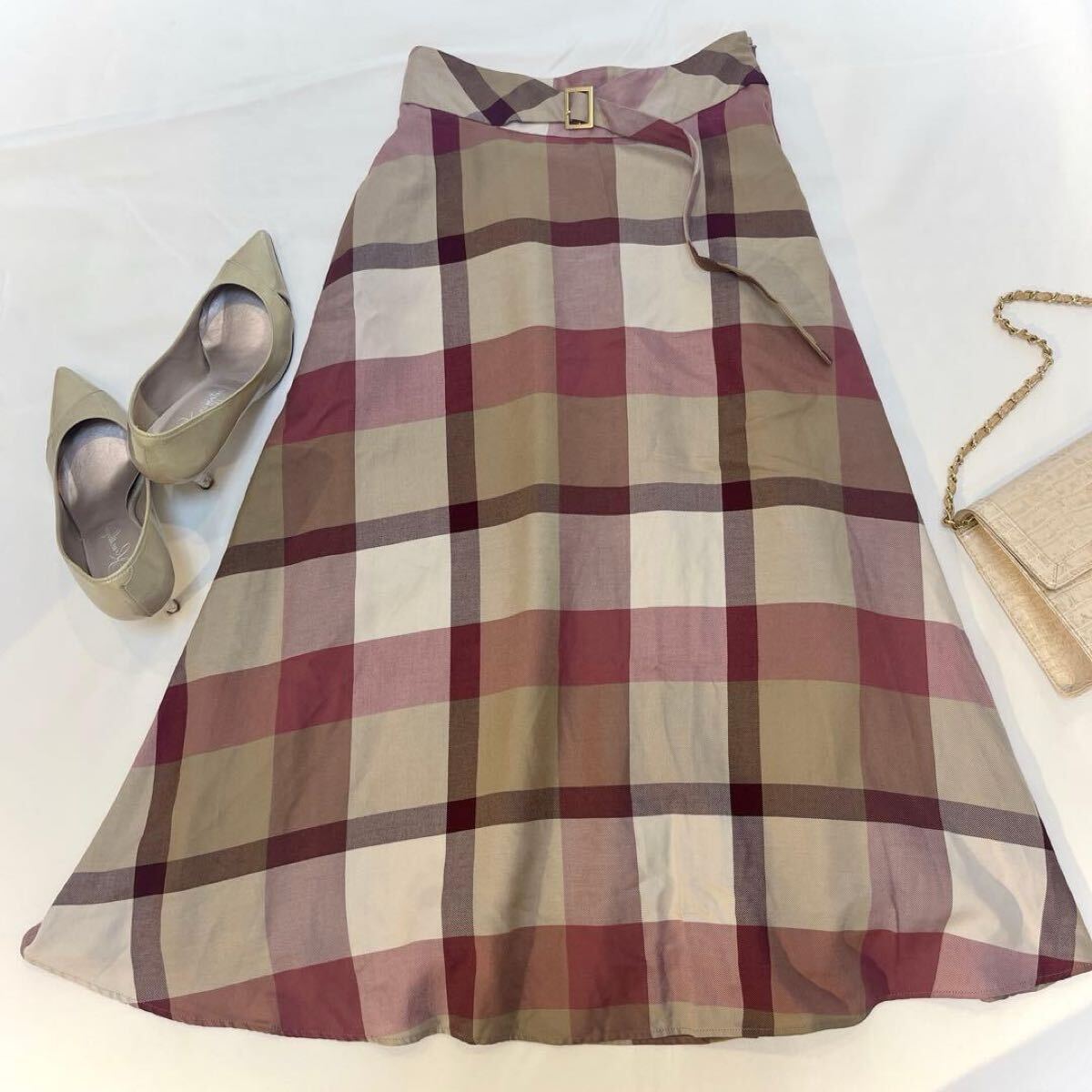 美品◆BLUE LABEL CRESTBRIDGE ブルーレーベルクレストブリッジ チェック エアリーツイル ロング スカート Aライン フレア◇36 ピンク拍卖