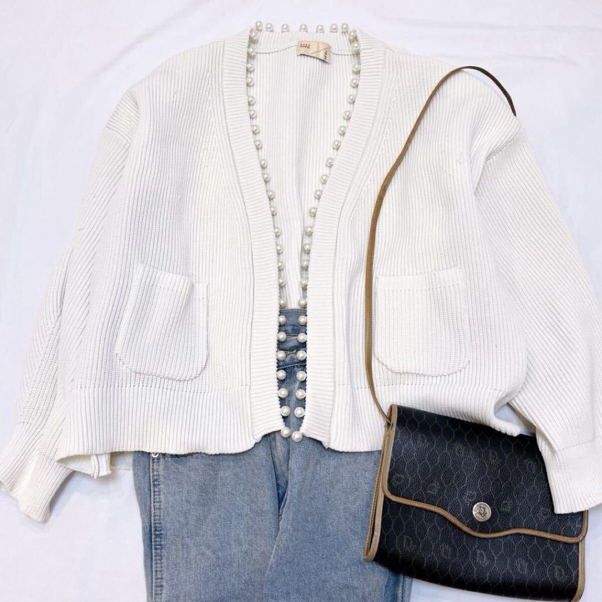 nano universe ナノユニバース BIGパール畦編スポンディッシュポケットカーデ ウォッシャブル 手洗可能 パール ポケット◇オフホワイト拍卖