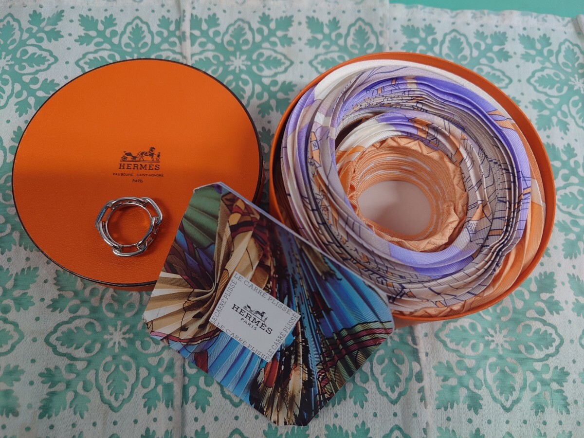 ● HERMES エルメス カレプリセ スカーフ 海の仲間たち プリーツ/ スカーフリング レガート セット 箱付き ほぼ未使用 美品 ④拍卖