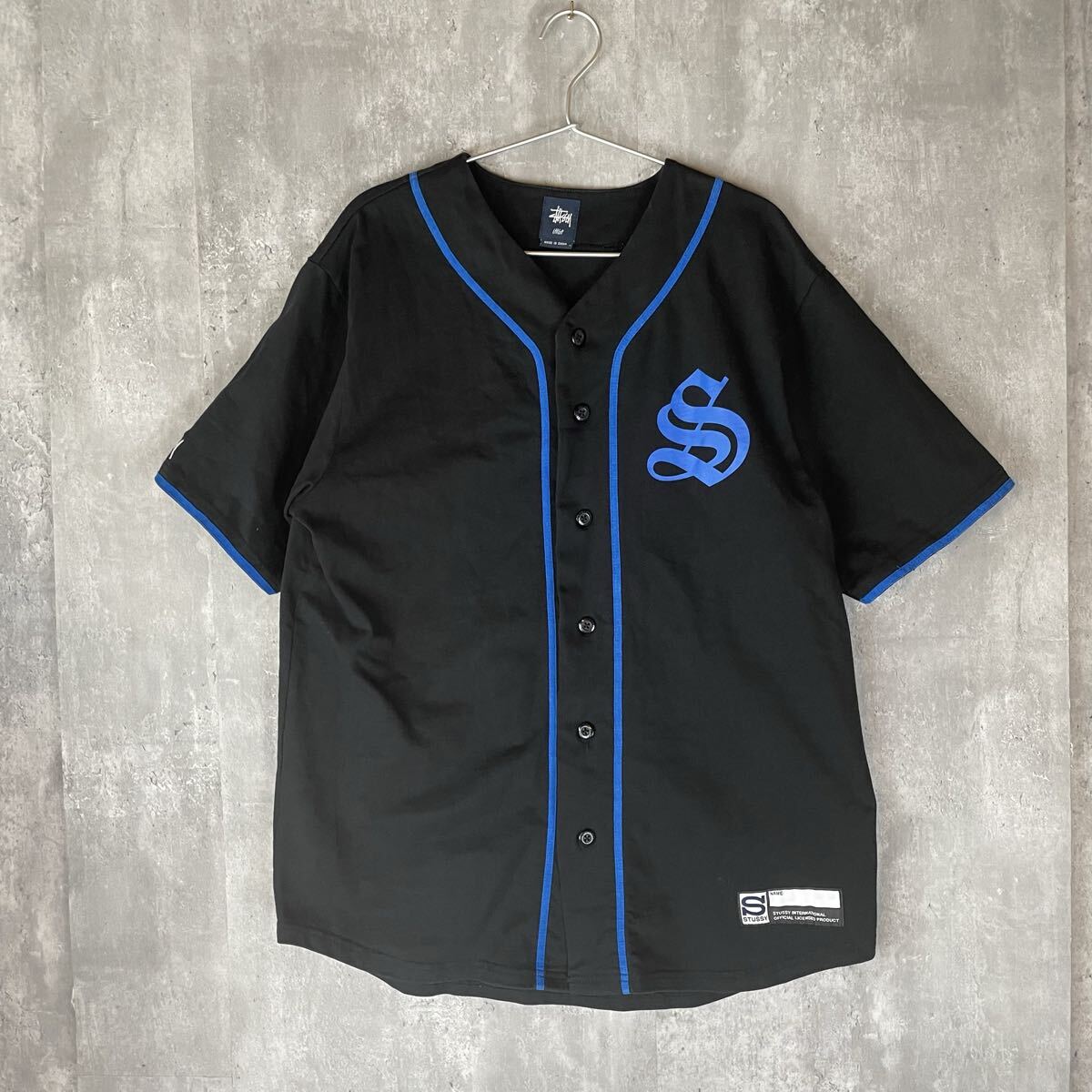【激レア】STUSSY ステューシー ボタンアップシャツ 黒/青 ベースボールシャツ ユニフォーム 黒 半袖拍卖