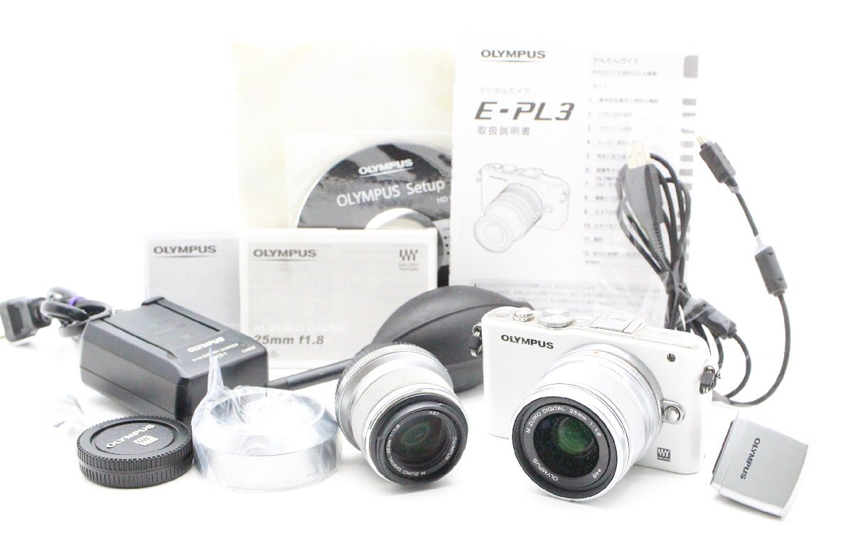 【ト石】 OLYMPUS オリンパス ミラーレス一眼カメラ/レンズ2点セット M.ZUIKO DIGITAL 25mm/45mm 1:1.8 取扱説明書付き EE077EWH50拍卖