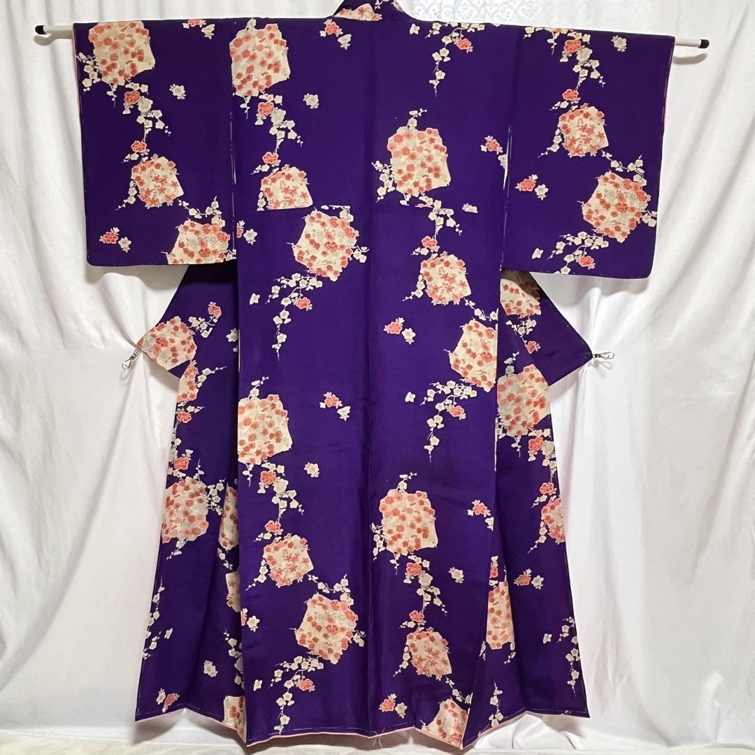 銘仙 アンティーク 着物 小紋 袷 紫 青 花柄 正絹 拍卖