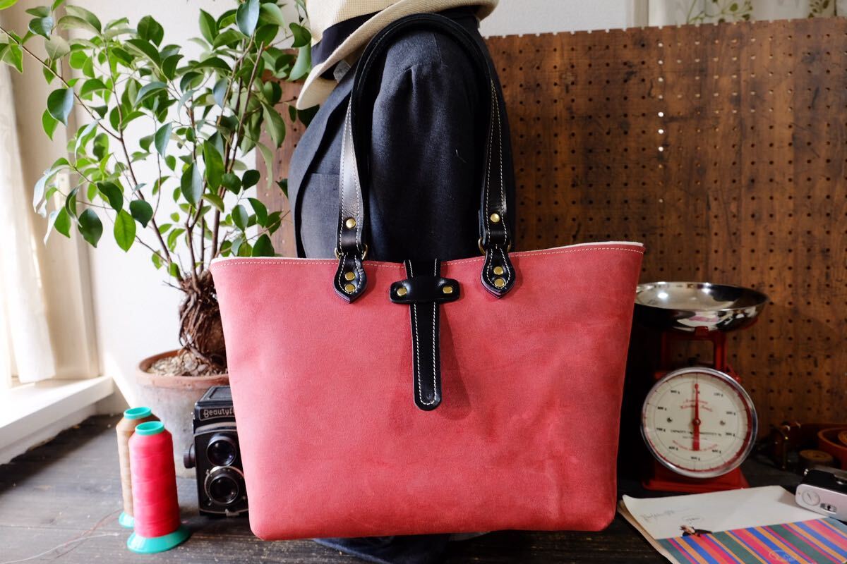 新作◆レッドバーガンディブラックレザー牛革トートバッグ L size作家手作り★ワインボルドー日本製帆布鞄メンズレディース拍卖