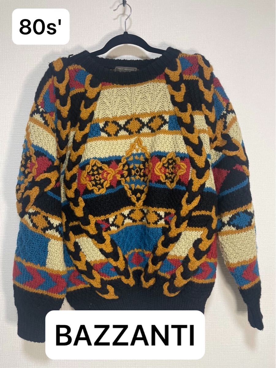 ヴィンテージ BAZZANTIチェーン柄ニットセーター ヴィンテージレトロセーター 総柄ニットセーター 古着 ニット セーター L拍卖