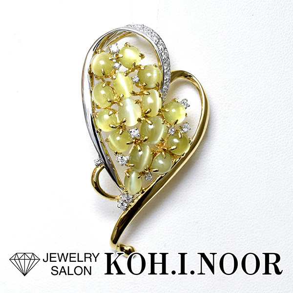 クリソベリルキャッツアイ 13.88ct ダイヤモンド 0.37ct 18金 K18YG プラチナ PT900 ペンダント ブローチ 猫目石拍卖