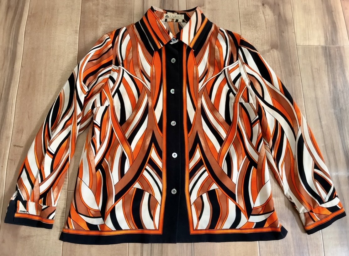 レトロ ヴィンテージ オレンジ ブラック系 ポリエステル柄物ブラウス拍卖