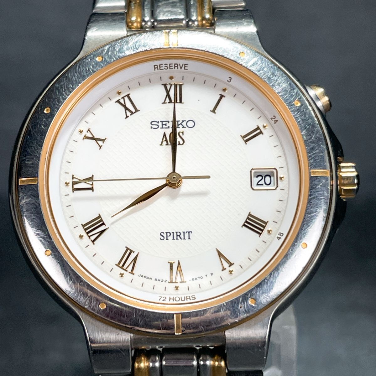美品 SEIKO セイコー SPIRIT スピリット AGS 5M22-6A60 腕時計 アナログ キネティック 3針 カレンダー メタルバンド シルバー ホワイト拍卖