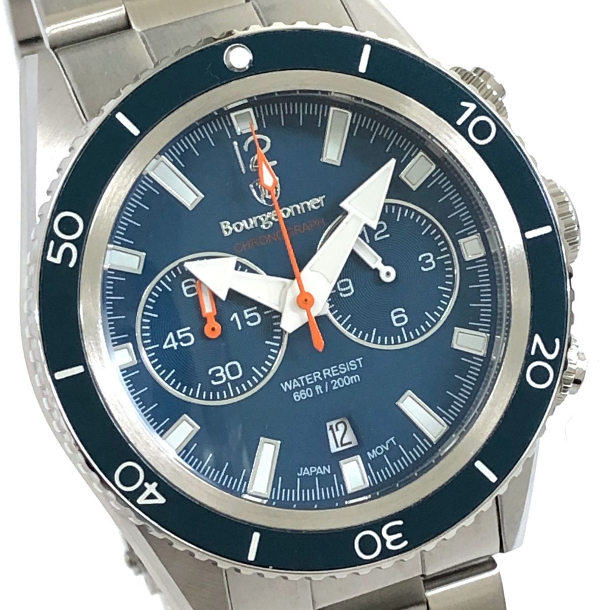新品 Bourgeonner ブルジョネ 腕時計 BG-001BL クオーツ ラウンド クロノグラフ ダイバー カレンダー ブルー シルバー コレクション。拍卖