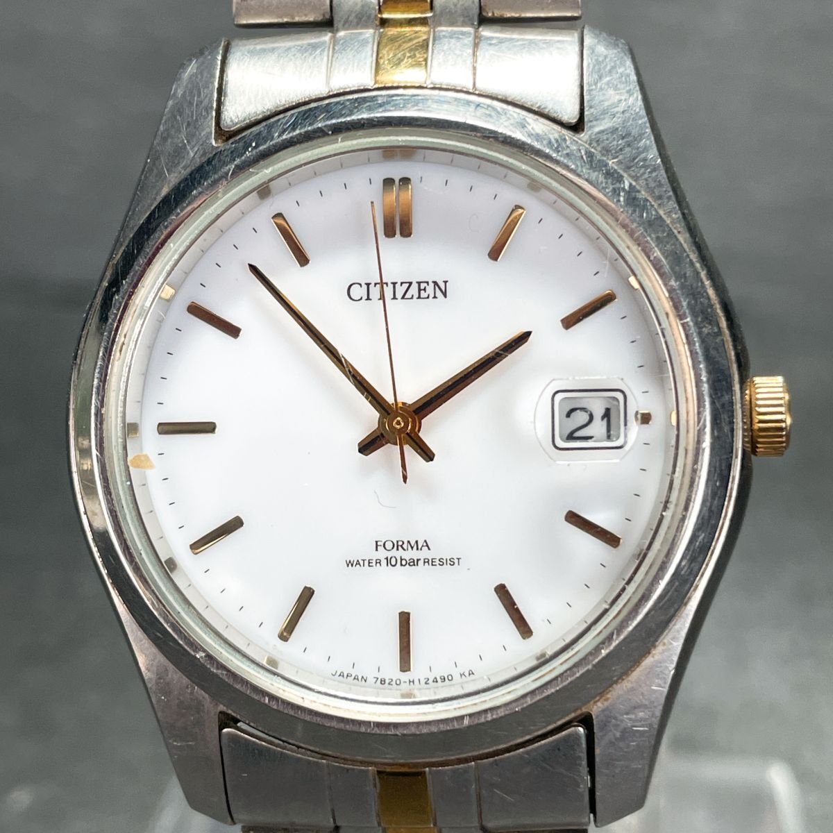 美品 CITIZEN シチズン FORMA フォルマ 7820-H06808 腕時計 アナログ ソーラー 3針 カレンダー ホワイト文字盤 メタルバンド シルバー拍卖