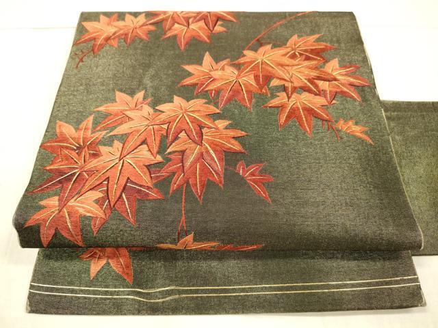 平和屋着物●アンティーク 大正ロマン 九寸名古屋帯 総手刺繍 枝葉文 楓 金糸 正絹 逸品 DAAX5812cm拍卖