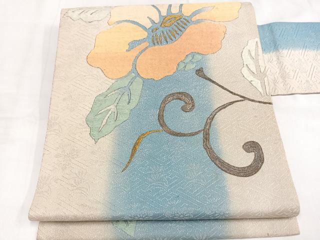 平和屋着物◎アンティーク 大正ロマン 九寸名古屋帯 唐織 駒刺繍 草花文 金銀糸 正絹 逸品 AABB0793uw拍卖