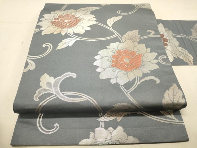 平和屋着物◎九寸名古屋帯 更紗花文 銀糸 正絹 逸品 DAAX6301jm拍卖