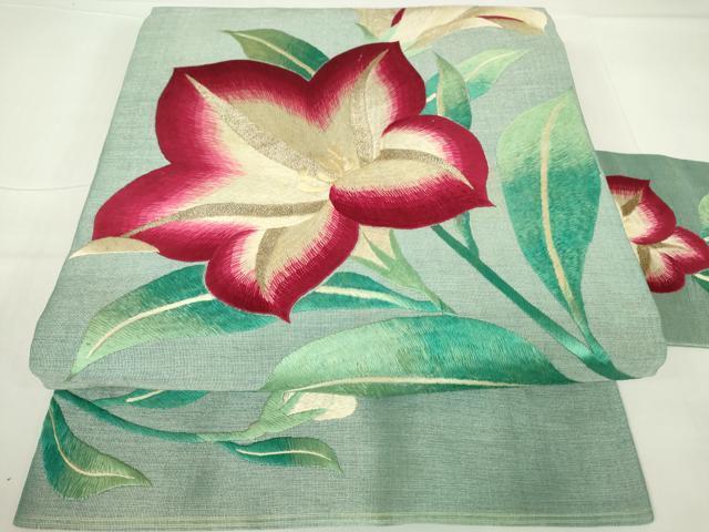 平和屋着物●アンティーク 大正ロマン 九寸名古屋帯 総刺繍 草花文 金糸 正絹 逸品 DAAX3643az拍卖