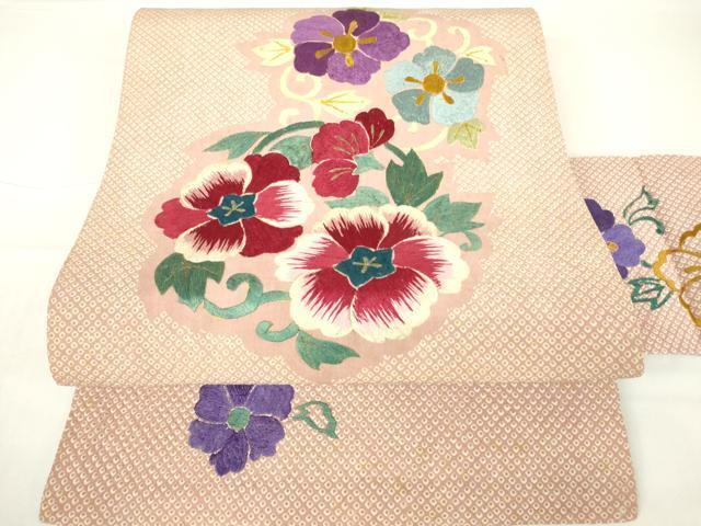 平和屋着物▼アンティーク 大正ロマン 九寸名古屋帯 総刺繍 花唐草文 正絹 逸品 DAAX3641az拍卖