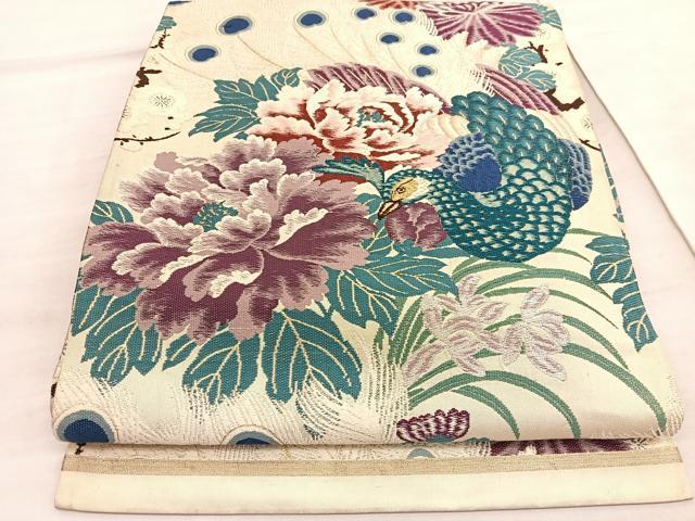 平和屋着物◎アンティーク 大正ロマン 丸帯 唐織 孔雀牡丹文 引き抜き帯 金銀糸 正絹 逸品 BAAV5134hv拍卖