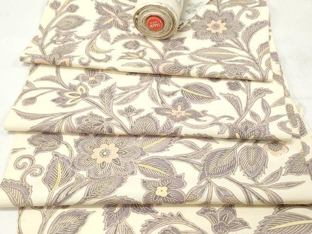 平和屋着物▼小紋 反物 着尺 紬地 更紗花唐草文 逸品 未使用 DAAY0638we拍卖