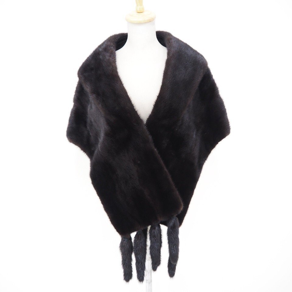 高級毛皮【 ¥1000~ / 衿付き大き目サイズ / フリンジ取外し可 】◆美品 ◆ミンク ◆ショール 幅43cm×長さ156cm丈 ◆黒近Dブラウン◆G396拍卖