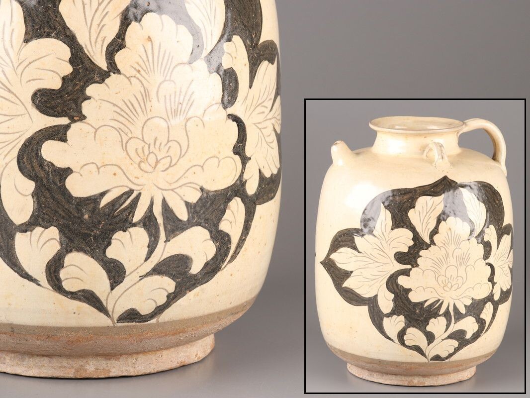 中国古玩 唐物 宋代 磁州窯 四耳 細密細工 壷 時代物 極上品 初だし品 D4814拍卖