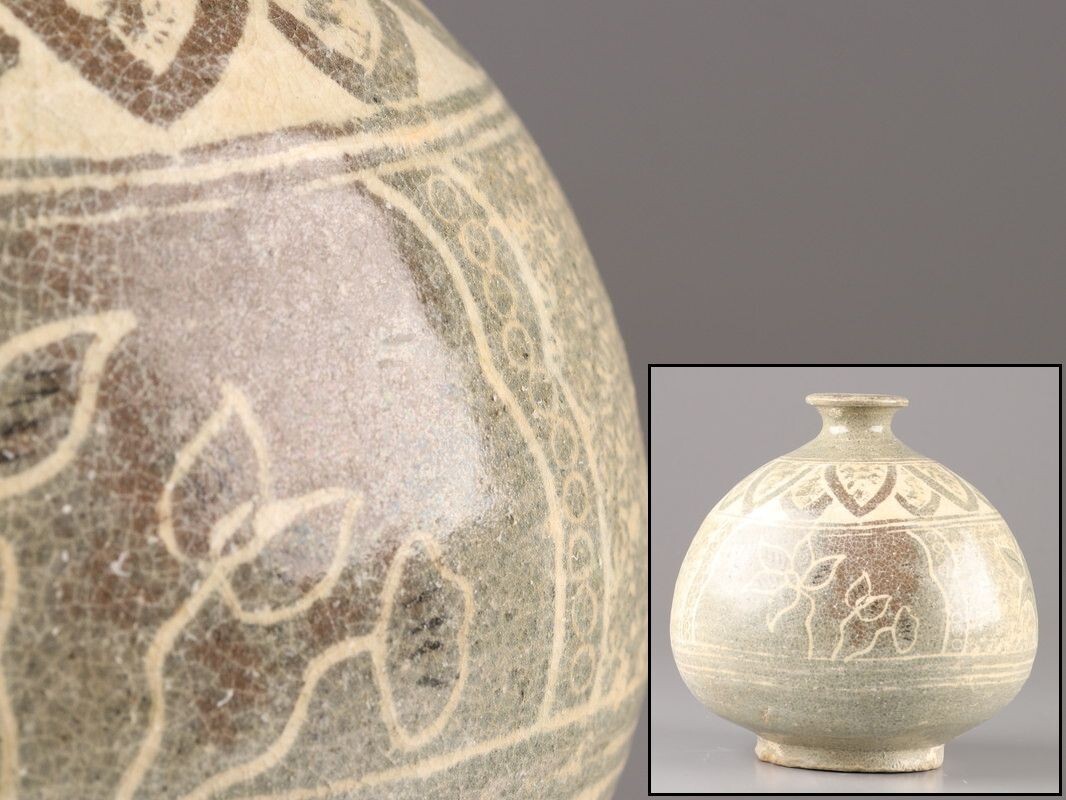 古美術 朝鮮古陶磁器 高麗青磁 白黒象嵌 壷 時代物 極上品 初だし品 D4831拍卖