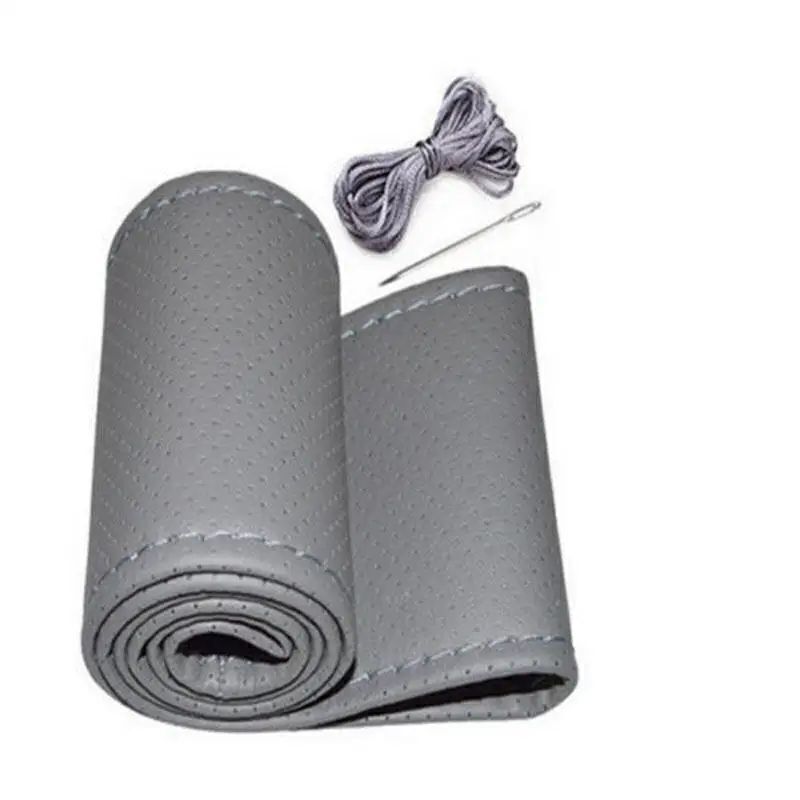 DIY ハンドルカバー 革 皮 レザー 編み込み ステアリングカバー 本革風 手縫い 編み上げ グレー拍卖