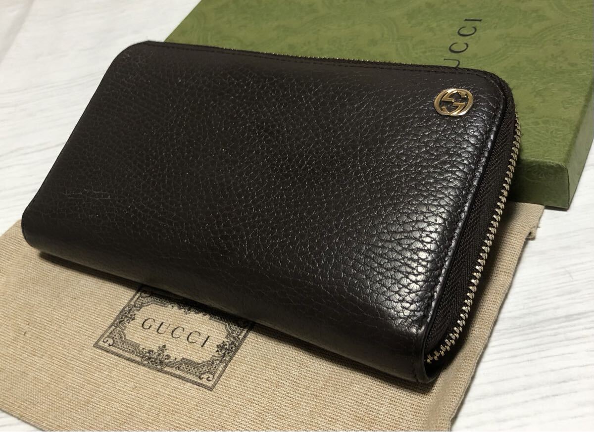 正規品/鑑定済みGUCCIインターロッキングラウンドファスナー/ダークブラウン拍卖