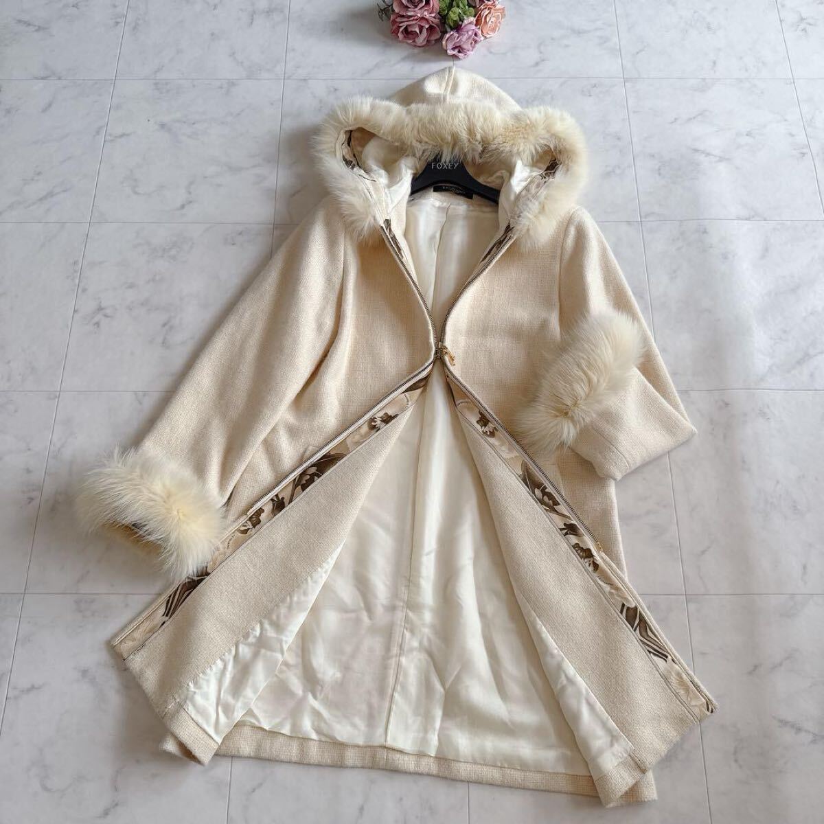 希少大きいサイズ42★LEONARD レオナール★上質カシミヤ×アンゴラ★フーデッド ロングコート★フォックスファー 毛皮★花柄トリム拍卖