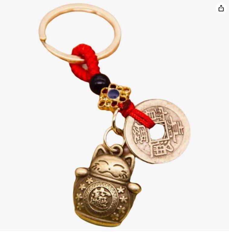 【送料無料】【純真鍮製】金運・開運・幸運を招く!重厚な輝き 招き猫手作りキーホルダー 招財進寶 五帝古銭護符付き!縁起物拍卖