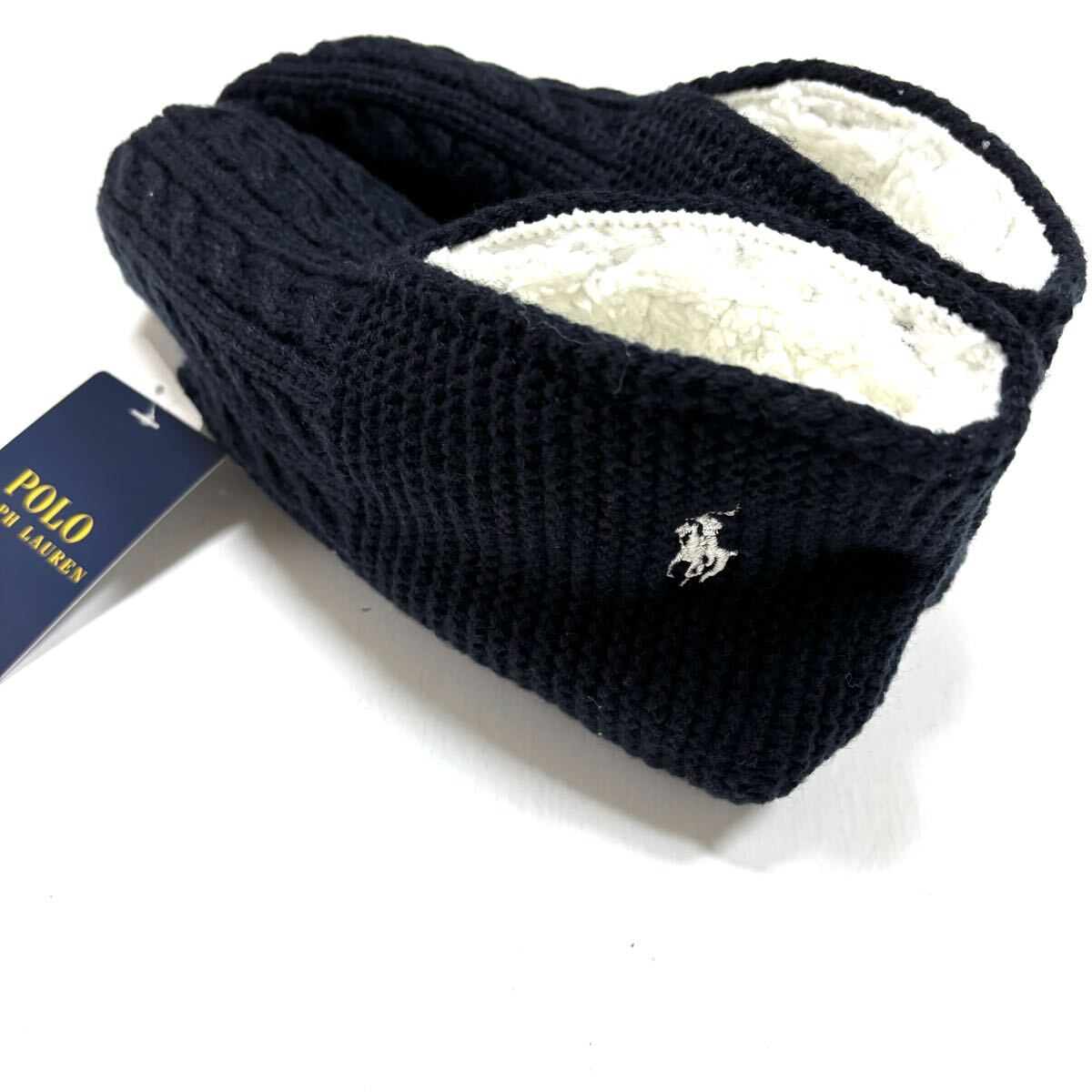 新品 ポロ ラルフローレン スリッパ ルームシューズ ボア ポニー刺繍 紺 滑り止め付き AG拍卖