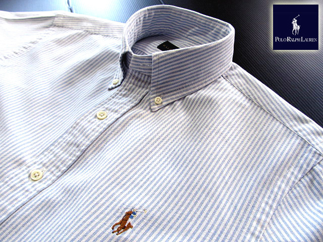★300円スタート!ラルフローレン RALPH LAUREN ボタンダウンシャツ・オックスフォード 長袖 Mサイズ 希少品 クールストライプ ブルー拍卖