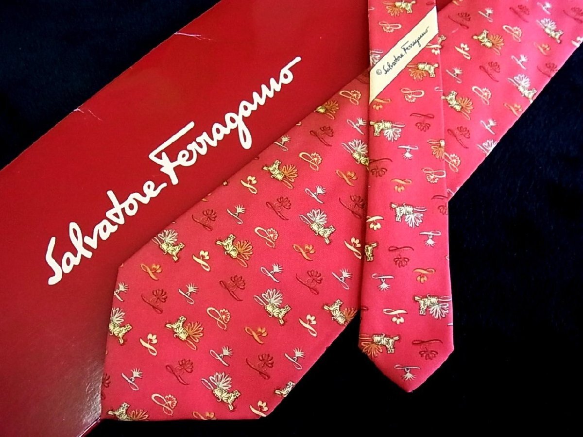 ♪今週の特売980円~♪2892♪状態並品【FERRAGAMO】フェラガモ【虎 トラ 動物 柄】ネクタイ♪拍卖