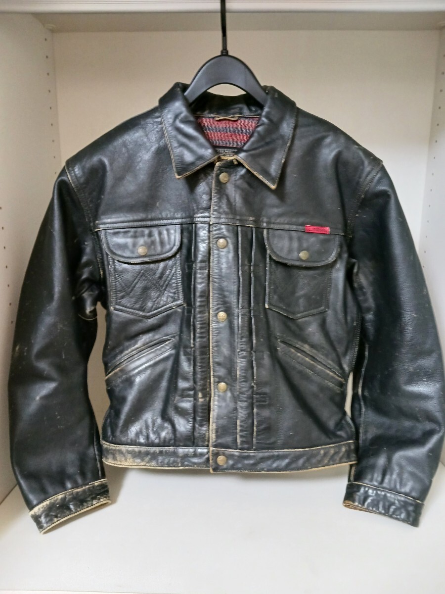 Lee TREVOR (フランス) レザージャケット 牛革Wranglerジージャンタイプ黒サイズM 。ユーズド加工。1996年頃購入ユーズド拍卖