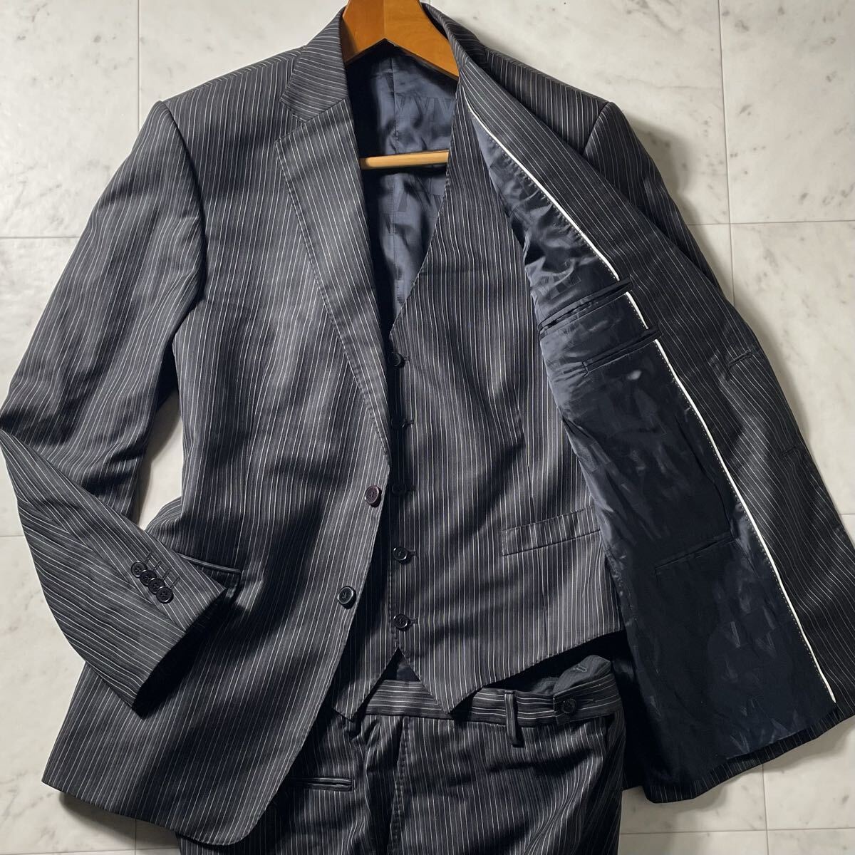 超弩級XXL!!!最高級シルク!!!【ヴェルサーチ VERSACE】別格のオーラ!!! スーツ セットアップ 3ピース スリーピース 絹◎ ストライプ◎ 54◎拍卖