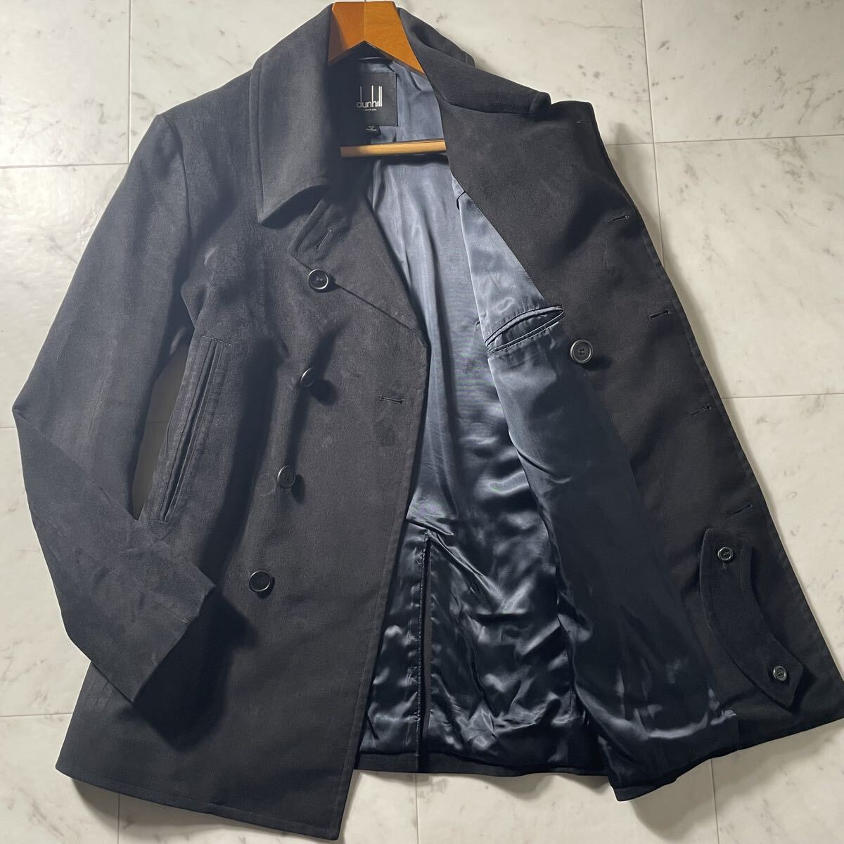 超弩級XL相当!!!【ダンヒル Dunhill】抜群の手触り!!! Pコート ピーコート ジャケット スウェード調◎ ダブル◎ メルトン◎ ブラック◎拍卖
