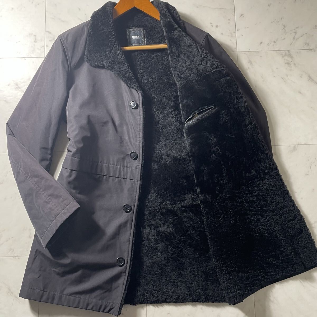 超弩級XXL相当!!!別格のオーラ!!!【ヒューゴボス HUGO BOSS】リアルムートンコート ステンカラーコート 羊革◎ ラムレザー◎ ロング◎拍卖