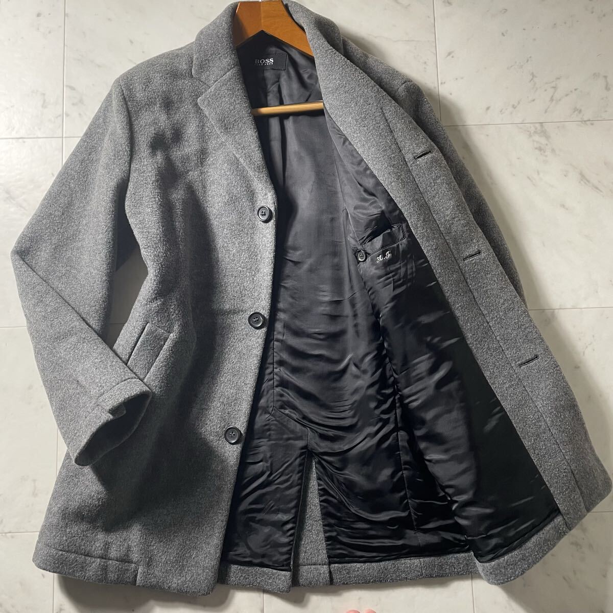 実寸XL相当!!!別格のオーラ!!!【ヒューゴボス HUGO BOSS】ビジネスマンの必需品!!! チェスターコート ロング◎ 比翼◎ 肉厚生地◎拍卖