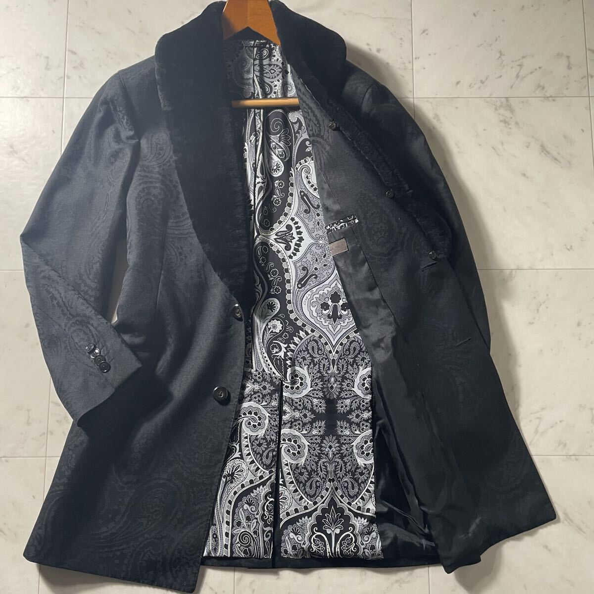 超弩級XXXL!!!完全別格品!!!【エトロ ETRO】幻の逸品!!! チェスターコート 両面ペイズリー 襟ムートン ファー 2way シルク 絹 ロング 56拍卖