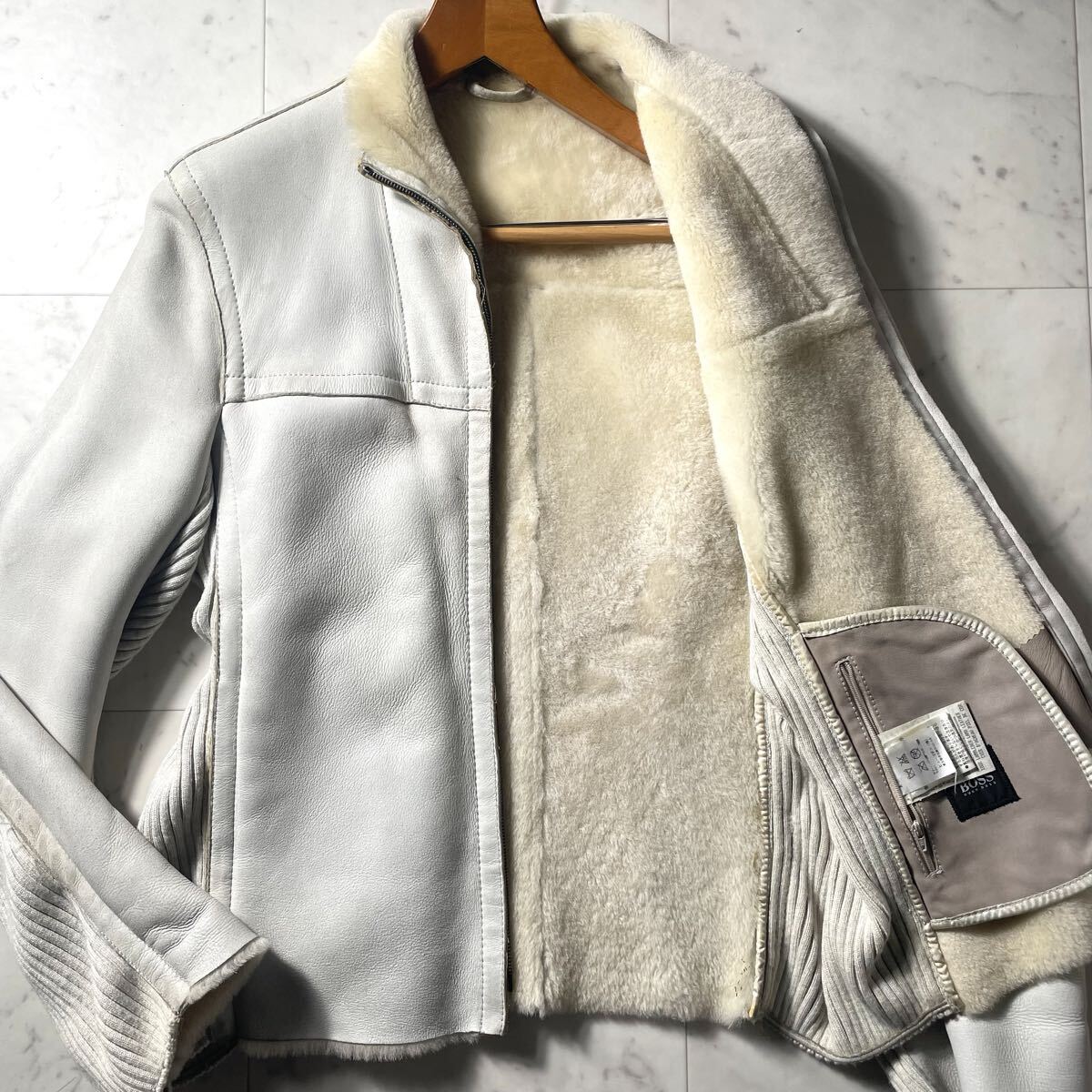 実寸XL相当!!!高級ラムレザー!!!【ヒューゴボス HUGO BOSS】ムートンコート ジャケット ブルゾン ニット切替◎ 羊革◎ 本革◎ 毛皮◎拍卖