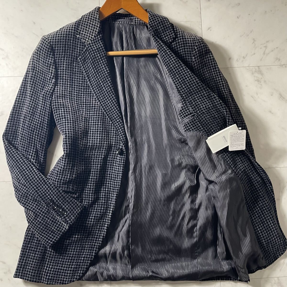 未使用タグ付き!!!至高のシルク!!!【アルマーニ ARMANI COLLEZIONI】テーラードジャケット ベロア◎ 絹◎ チェック◎ L~XL相当◎ 48◎拍卖