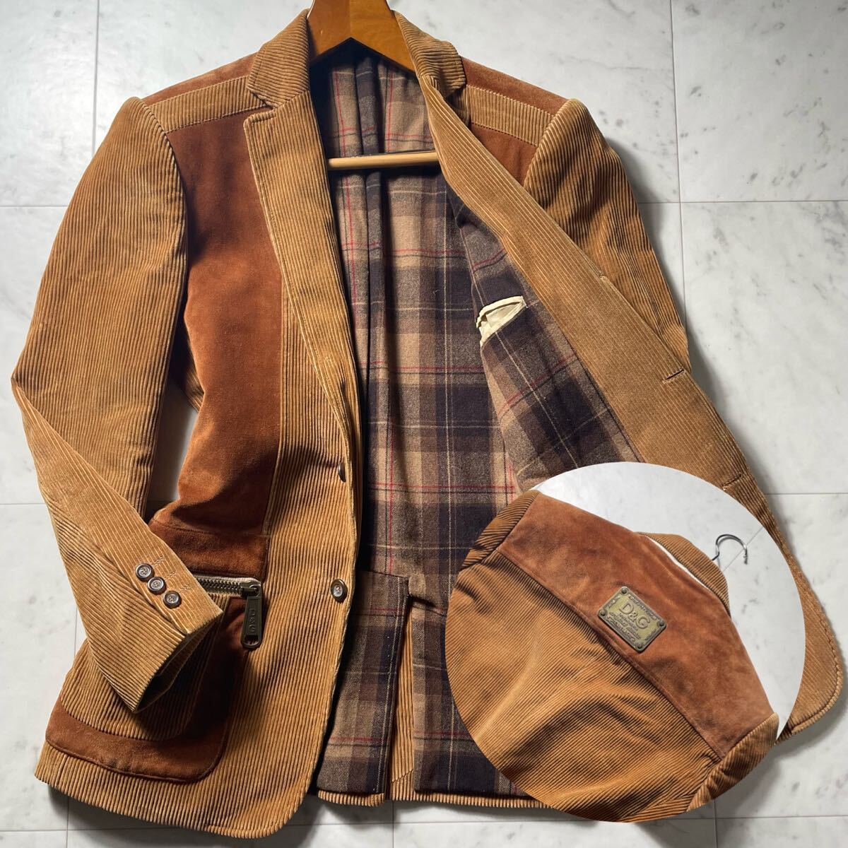 【ドルチェ&ガッバーナ DOLCE&GABBANA】テーラードジャケット コーデュロイ◎ ロゴプレート◎ スウェード◎ 本革◎ 切替◎ チェック◎ 46◎拍卖