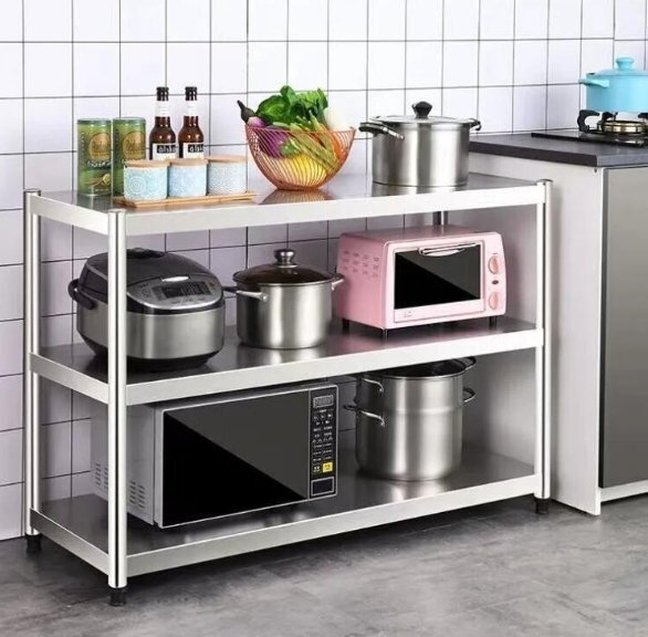 新入荷★実用★ステンレス製のキッチンラックを厚くした2段の床置き収納棚電子レンジオーブン家庭用収納棚拍卖