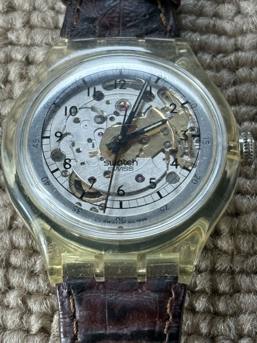 C【D24111404】1円〜 Swatch スウォッチ レトロ スケルトン メンズ腕時計 腕時計 ヴィンテージ ブラウン ホワイト文字盤拍卖