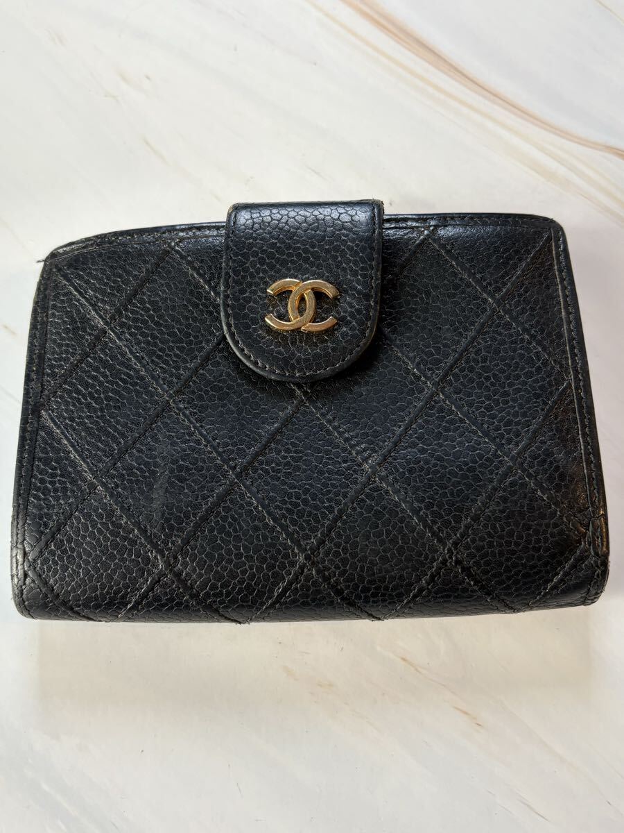 C【D25090606】1円〜 シャネル CHANEL 二つ折り財布 財布 ココマーク ブラック キャビアスキン がま口 ビコローレ拍卖