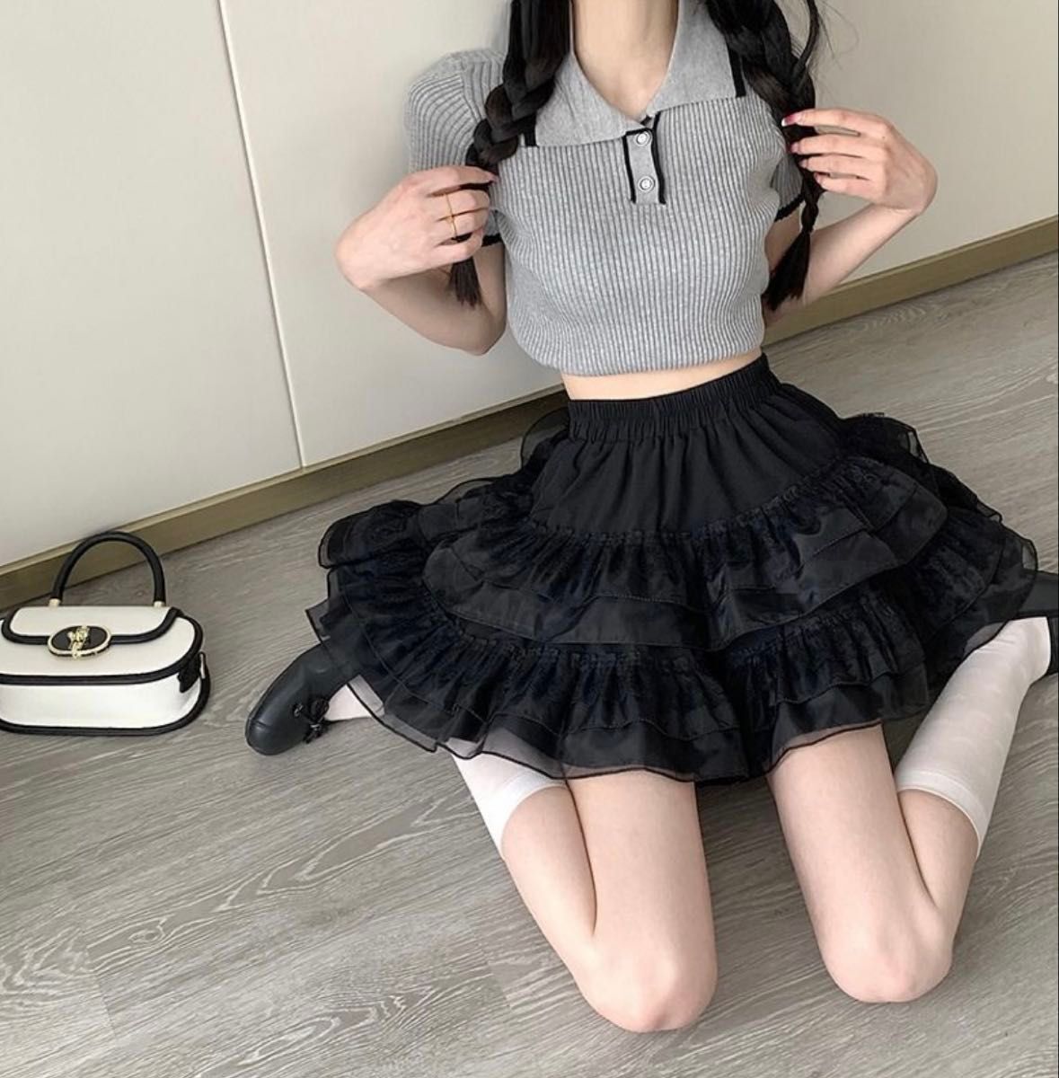 新品 黒 フリル ミニスカート ウエストゴム レディース フェミニン ガーリー拍卖