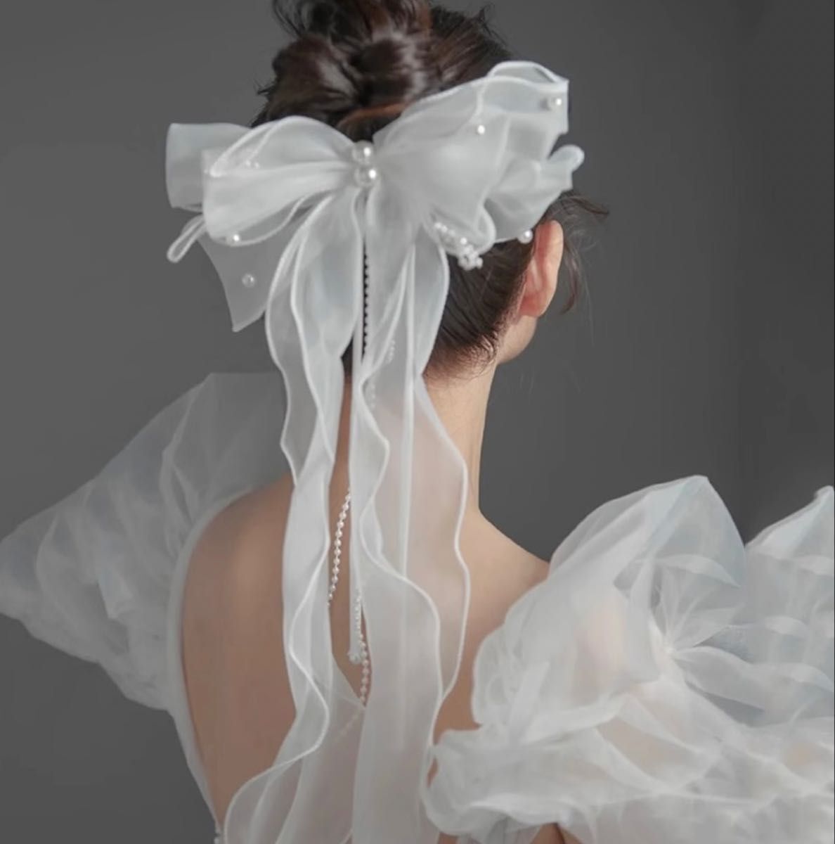 【ホワイト】シフォンリボン★結婚式・パーティ・フォトウエディングに◎ふんわり上品アクセント♪拍卖