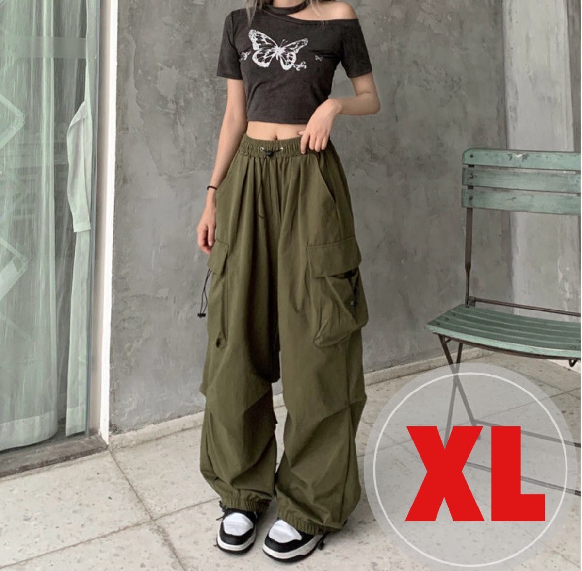 韓国 パラシュートパンツ緑 XL ゆったり カーゴパンツ ワイドパンツ カーキ拍卖