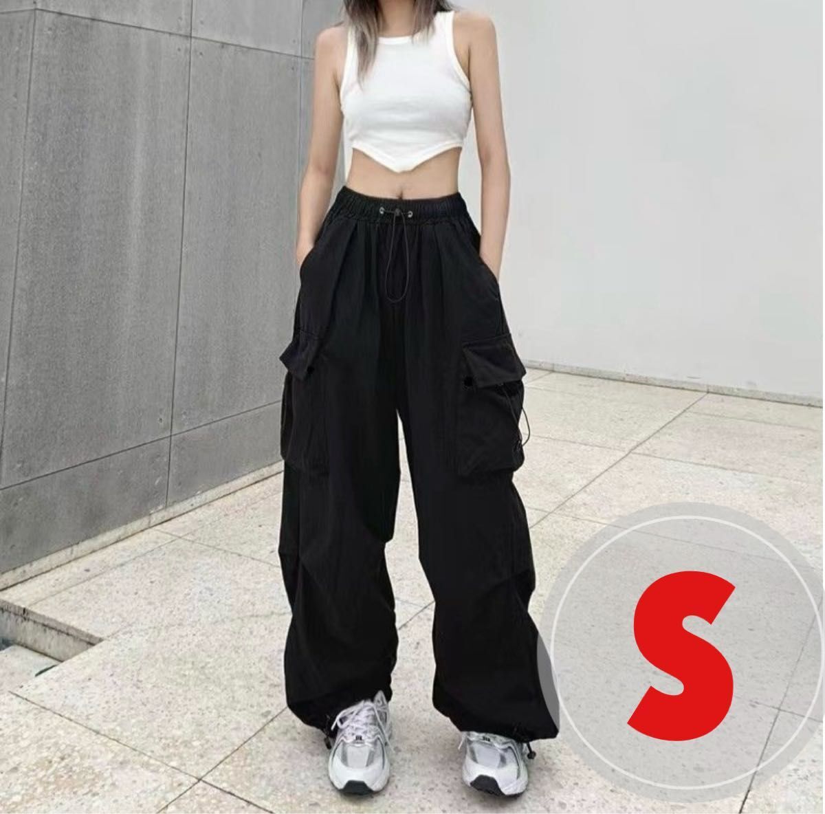 韓国 パラシュートパンツ 黒 S ゆったり カーゴパンツ ワイドパンツ ブラック拍卖