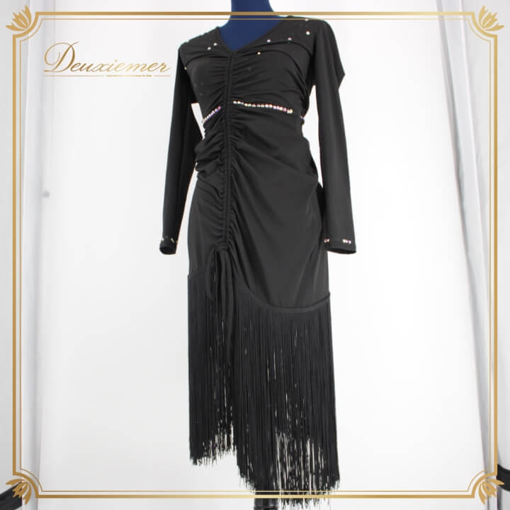 社交ダンス 衣装 ラテン ドレス ワンピース レッスンウェア レディース オールシーズン ZYM ブラック系 フリンジ ラインストーン 黒 長袖拍卖